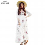 Embroidery Long Sleeve Dress V-neck Bohemia Floral Hollow out Printed Long Dress Women Party Dresses elegant 2016 New