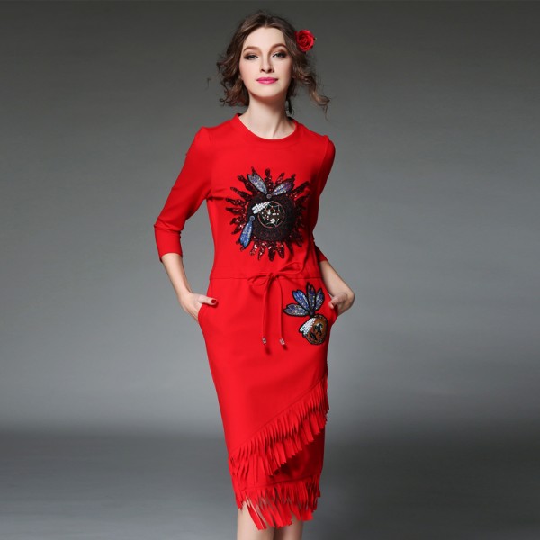 Embroidery Long Winter Dress Embellished Fringe Drawstring Waist Long Sleeve Sweatshirt Dresses Black Red Plus Size S-5XL Embroidery Long Winter Dress Embellished Fringe Drawstring Waist Long Sleeve Sweatshirt Dresses Black Red Plus Size S-5XL