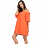 Europe Fashion Summer Slash Neck Orange Chiffon Dresses for Women Loose Off the Shoulder Sexy Dress Lady Bow Tie Vestidos S-XL