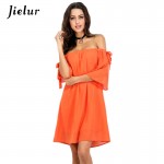 Europe Fashion Summer Slash Neck Orange Chiffon Dresses for Women Loose Off the Shoulder Sexy Dress Lady Bow Tie Vestidos S-XL