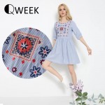 European 2017 Dress Women Folk Retro Style Stripe Floral Embroidery Casual Loose Vintage Lantern Sleeve Pleated Short Dress