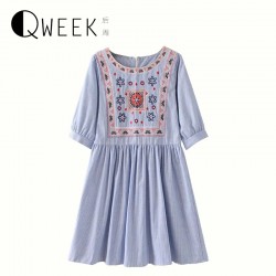 European 2017 Dress Women Folk Retro Style Stripe Floral Embroidery Casual Loose Vintage Lantern Sleeve Pleated Short Dress