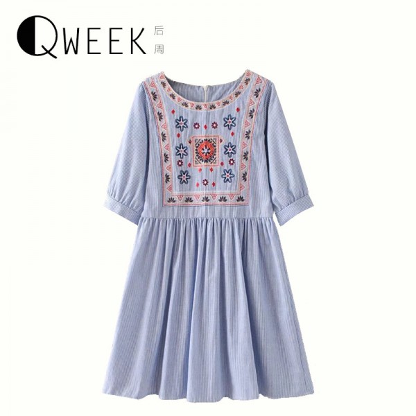European 2017 Dress Women Folk Retro Style Stripe Floral Embroidery Casual Loose Vintage Lantern Sleeve Pleated Short Dress