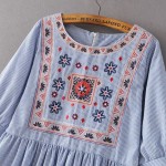 European 2017 Dress Women Folk Retro Style Stripe Floral Embroidery Casual Loose Vintage Lantern Sleeve Pleated Short Dress