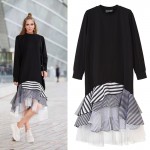 European 2017 Spring Women New Dress Long-sleeved Round Neck Stripes Stitching Irregular Flounced Dress