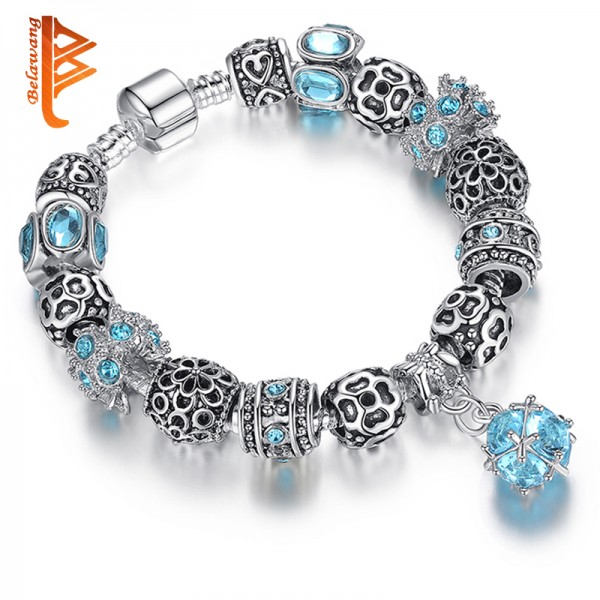 European Authentic BEADS jewelry silver plated owl beads pink/white crystal Charm bracelets for women Original DIY Jewelry