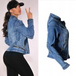 European style women pure cotton denim jacket locomotive model all match fashion sexy more zippers stand collar elastic coat H67