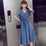 Everyday Casual Dress Women's New Arrival 2017 Spring Loose Midi Dresses For Women Korean Fashion Blue Green Dress With Sleeve