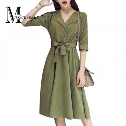 Everyday Casual Dress Women's New Arrival 2017 Spring Loose Midi Dresses For Women Korean Fashion Blue Green Dress With Sleeve