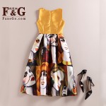 FANSGE Fashion Retro Vintage 50s Women O-Neck Sleeveless Sexy Vest Dress Summer Character Print Midi Dress Casual Dresses Jurken