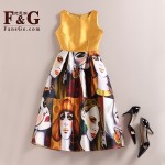 FANSGE Fashion Retro Vintage 50s Women O-Neck Sleeveless Sexy Vest Dress Summer Character Print Midi Dress Casual Dresses Jurken