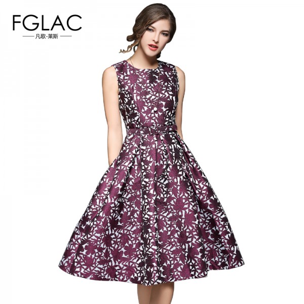 FGLAC New 2017 Spring women dress Fashion Elegant Slim Sleeveless Jacquard party dress European style temperament Vintage dress