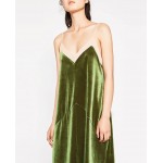 Fall winter gauze velvet warm dress green color vintage sleeveless long dress shiny velvet strap loose dress women winter dress