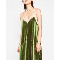 Fall winter gauze velvet warm dress green color vintage sleeveless long dress shiny velvet strap loose dress women winter dress