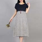 F&JE Plus Size Clothing New 2017 Spring And Summer Fashion Patchwork Striped Comfortable Cotton Linen Women Casual Dresses J135