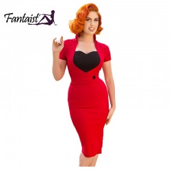Fantaist 1950s Retro Style Women Summer Heart Pattern Contrast Cut Tunic Cocktail Party Work Wear Bodycon Pencil Vintage Dress