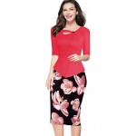 Fantaist Fall Women Vestidos Plus Size Keyhole Neck Floral Print Cotton Midi Pencil Peplum Bodycon Casual Office Work Dress