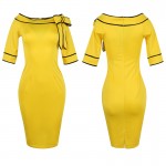 Fantaist Women Boat Slash Neck Off Shoulder Flared Bowknot Elegant Rockabilly Cocktail Party Bodycon Pencil Causual Work Dress