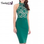 Fantaist Women Sleeveless Halter Neck Patchwork Elegant Cocktail Party Lace Dress Keyhole Back Club Wear Bodycon Pencil Dresses