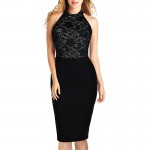 Fantaist Women Sleeveless Halter Neck Patchwork Elegant Cocktail Party Lace Dress Keyhole Back Club Wear Bodycon Pencil Dresses