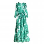 Fashion 2016 Runway Maxi Dress Autumn New Women's High Quality Long Sleeve Print Banana leaf Gerrn Casual Long Dress