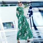 Fashion 2016 Runway Maxi Dress Autumn New Women's High Quality Long Sleeve Print Banana leaf Gerrn Casual Long Dress