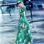 Fashion 2016 Runway Maxi Dress Autumn New Women's High Quality Long Sleeve Print Banana leaf Gerrn Casual Long Dress