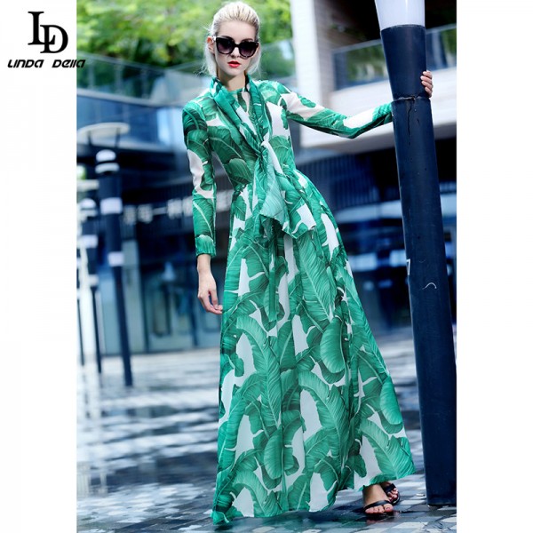 Fashion 2016 Runway Maxi Dress Autumn New Women's High Quality Long Sleeve Print Banana leaf Gerrn Casual Long Dress