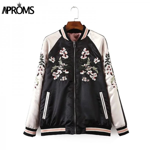 Fashion 2017 Autumn Vintage Embroidered Bomber Jacket Women basic coats Both Sides Jackets Winter Pilots Outerwear