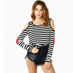 Fashion 2017 T Shirt Women Autumn Spring Black and White Striped Loose Long Sleeve T-Shirt Off Shoulder Casual T Shirt Plus Size