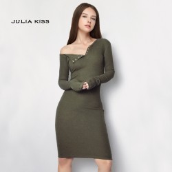 Fashion Design Women One Shoulder Bodycon Mini Dress Sexy Front Buttons Rib Dresses Long Sleeve Party Mini Dress vestidos