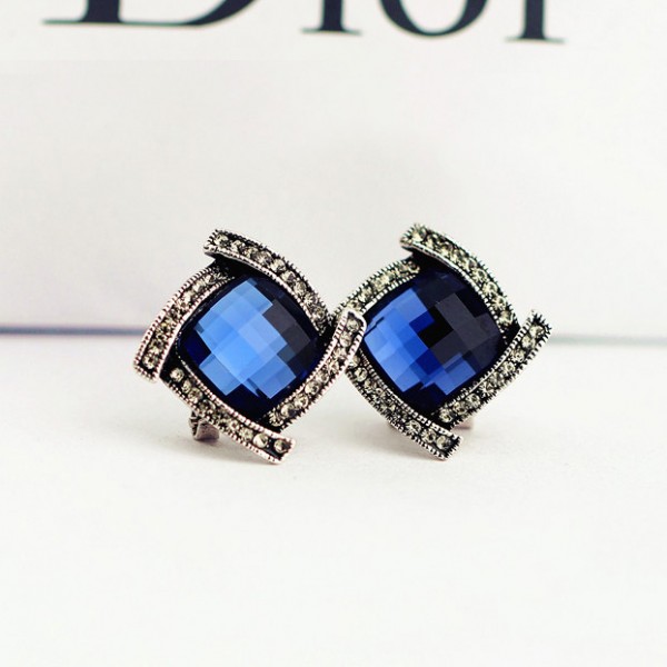Fashion Geometric Big Blue Crystal Earrings Elegant Square Black Stone Micro CZ Stone Surround Women Jewelry Party Accessories