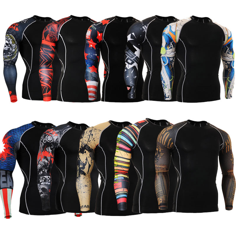 Fashion Long Sleeves Men's T-shirts 3D Prints Tight Skin Compression Shirts for Men MMA Male Body Building Top Fitness