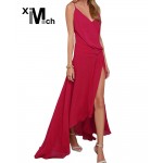 Fashion Sexy Chiffon Dress Cross over V-Neck Sleeveless Backless Straps Back Zipper Asymmetrical Chiffon Long Dress DR12883CT