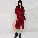 Fashion Split  Plaid Shirt Dress Long Sleeve Women Cotton Long Shirtdress for Autumn D0023