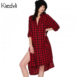 Fashion Split  Plaid Shirt Dress Long Sleeve Women Cotton Long Shirtdress for Autumn D0023