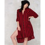 Fashion Split  Plaid Shirt Dress Long Sleeve Women Cotton Long Shirtdress for Autumn D0023