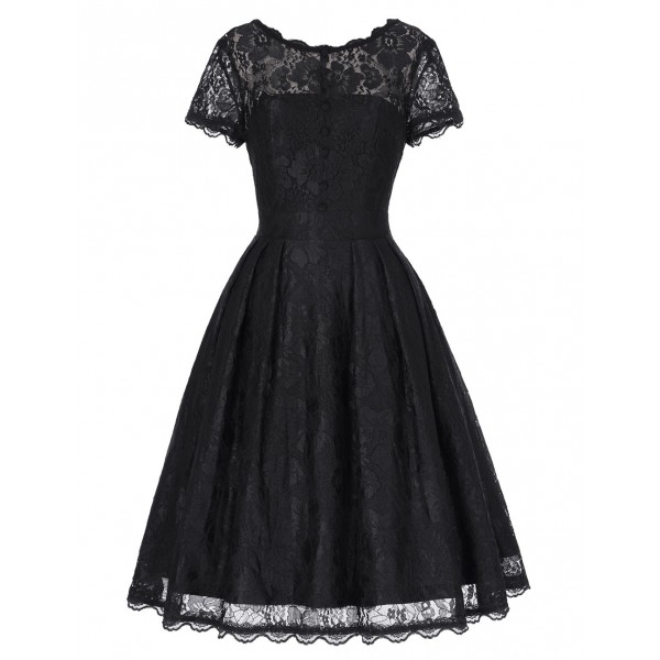 Fashion Summer Dress Women Rockabilly Vestidos Crew Neck Real Picture Elegant Black Lace Dress for Ladies Vintage Dresses