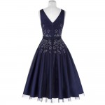 Fashion Tulle Swing Dress Women Beaded Sleeveless Rockabilly 1950s Vintage Dress Vestidos Jurken Navy Blue Evening Party Dresses