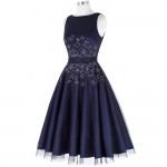 Fashion Tulle Swing Dress Women Beaded Sleeveless Rockabilly 1950s Vintage Dress Vestidos Jurken Navy Blue Evening Party Dresses