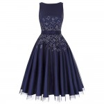 Fashion Tulle Swing Dress Women Beaded Sleeveless Rockabilly 1950s Vintage Dress Vestidos Jurken Navy Blue Evening Party Dresses