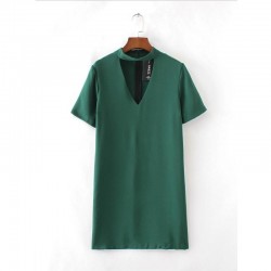 Fashion Women Solid color V type hollow Mini Dresses Short sleeve Work Casual Elegant Dress Womens Clothing D615