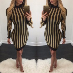 Fashion autumn dress 2016 new women Bronzing striped long sleeve o-neck slim hip sexy party club wear bandage dress