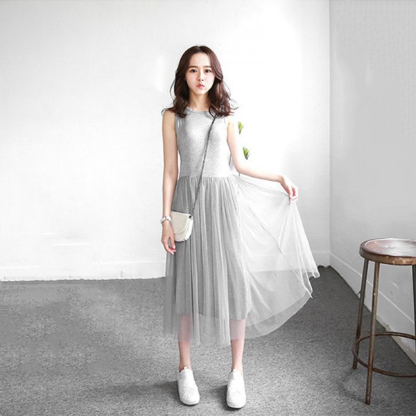 Fashion summer long tulle sundresses korean style white tank bottom dress women sweet pink slim casual princess dresses