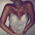 Fashion women chic summer beach party sexy club v-neck shiny rhinestones halter backless chain sequin camis tank cropped tops 