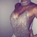 Fashion women chic summer beach party sexy club v-neck shiny rhinestones halter backless chain sequin camis tank cropped tops 