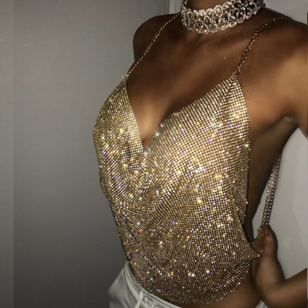 Fashion women chic summer beach party sexy club v-neck shiny rhinestones halter backless chain sequin camis tank cropped tops 