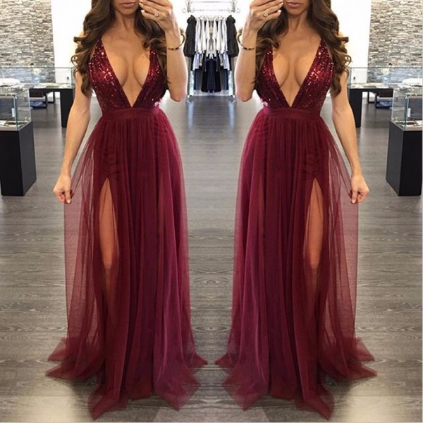 Fashion women dress 2016 new autumn Red wine sleeveless deep v backless mesh Stitching sequins sexy Birthday Party maxi dress