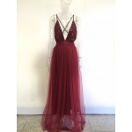Fashion women dress 2016 new autumn Red wine sleeveless deep v backless mesh Stitching sequins sexy Birthday Party maxi dress
