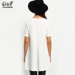 Female Hot Sale New Arrival Vogue Brand Casual Women Tees Korean Style White Crew Neck Short Sleeve Ribbed Side Slit T-Shirt